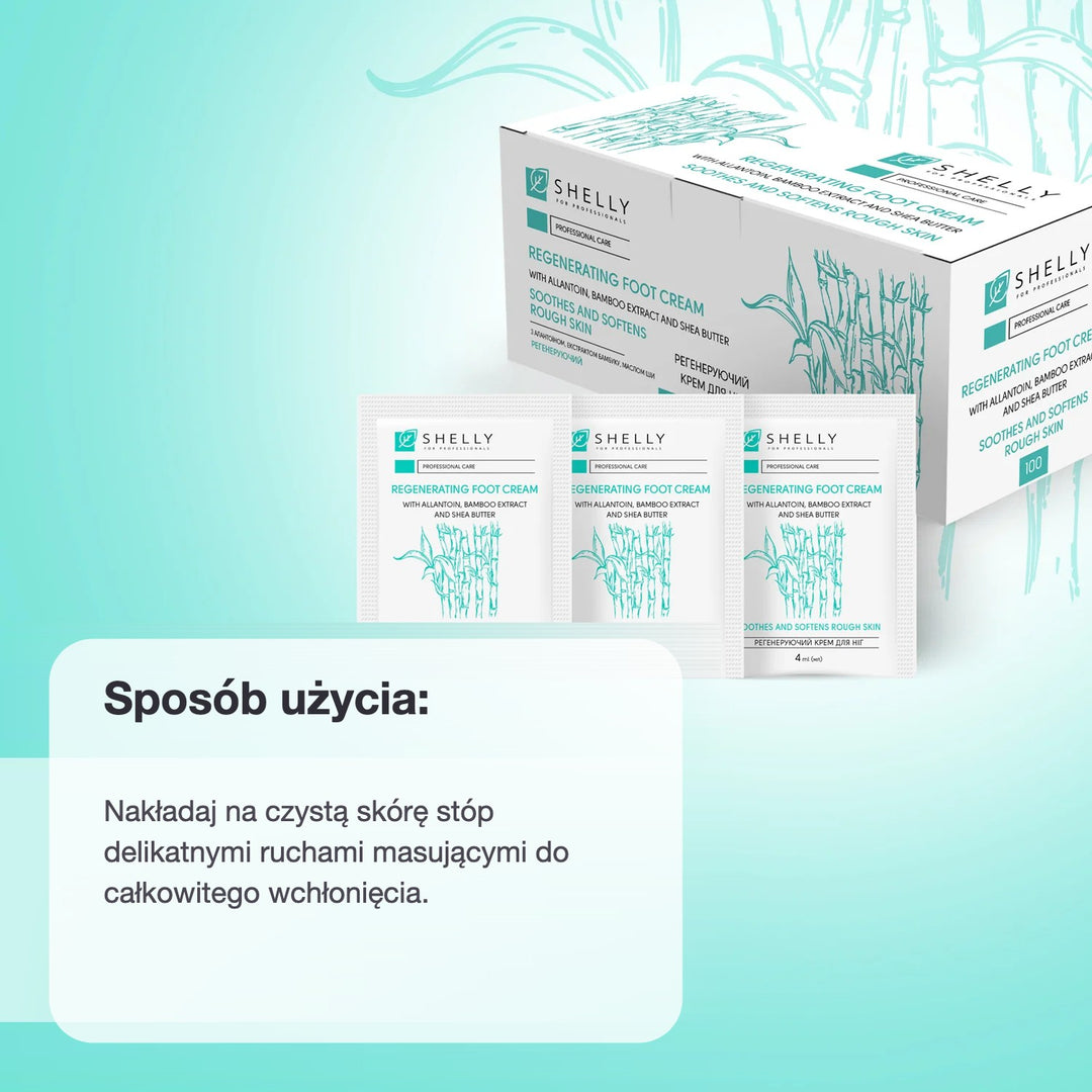 Regenerating foot cream with allantoin, bamboo extract and shea butter Shelly 4 ml x 100 pcs. – sposób użycia